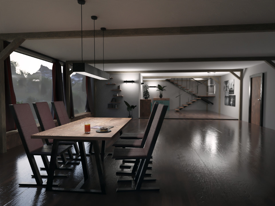 ArchViz#1 - Dining Room in a misty forest and with view on some mountains.